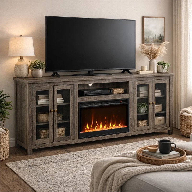Tony Electric Fireplace TV Stand- Heater- Glass Doors- 70 Inch Walnut Gray