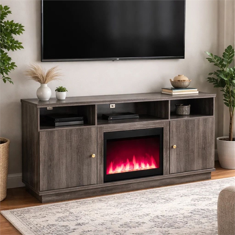 Ambi Electric Fireplace TV Stand Cabinet- Heater- 2 Door- 70 Inch Wood Gray