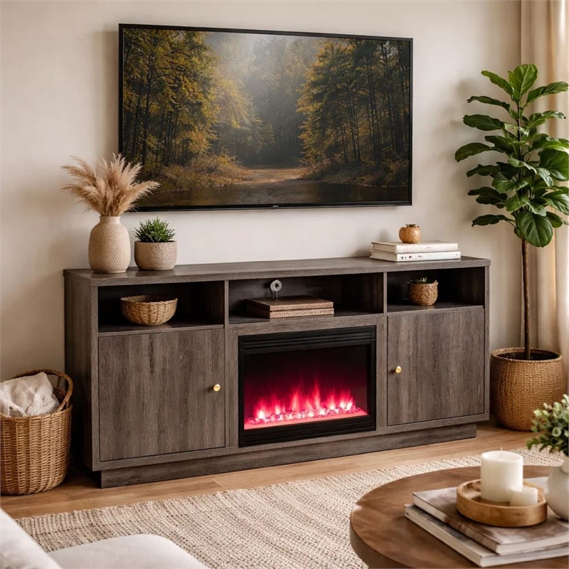 Ambi Electric Fireplace TV Stand Cabinet- Heater- 2 Door- 70 Inch Wood Gray