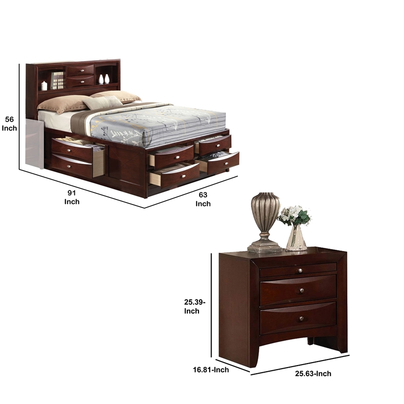 Queen Size Bedroom Set- Brown- Panel Design- 2-Piece Set with Bed-Nightstand
