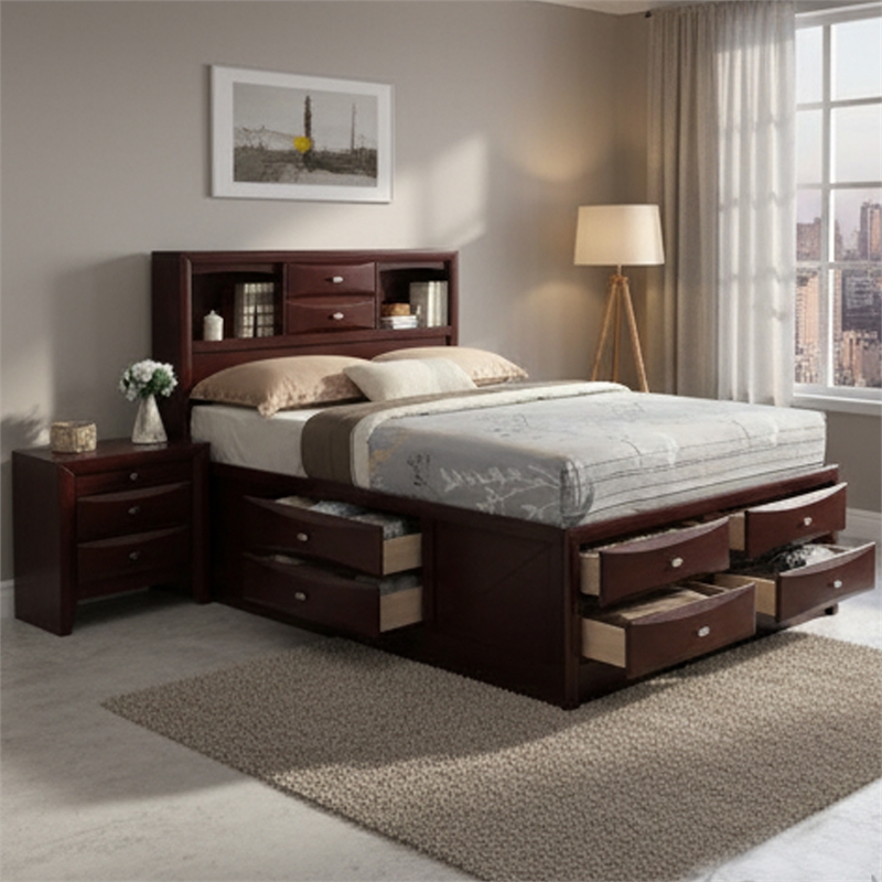 Queen Size Bedroom Set- Brown- Panel Design- 2-Piece Set with Bed-Nightstand