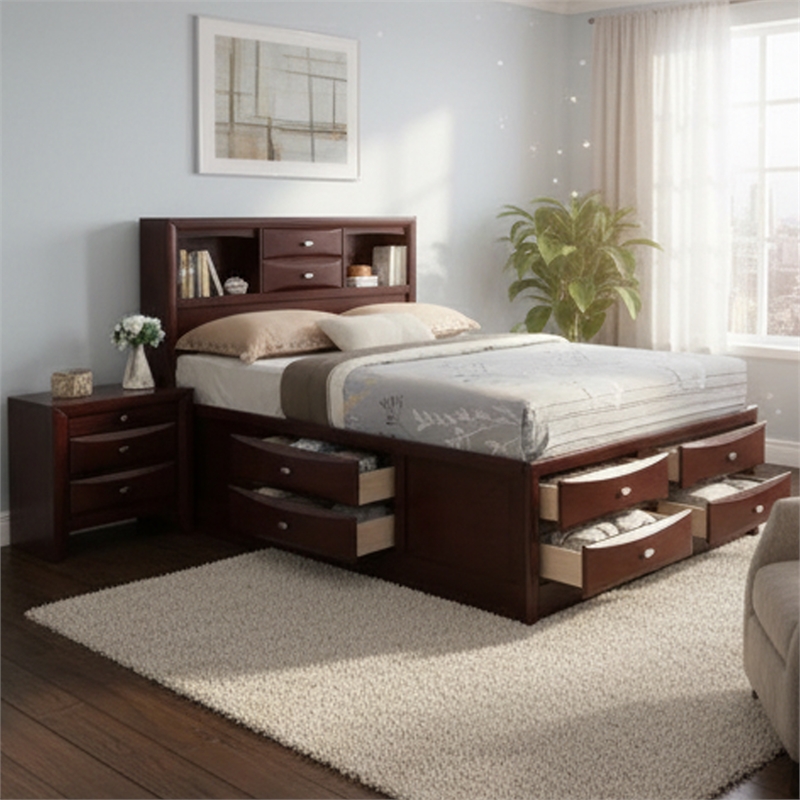Queen Size Bedroom Set- Brown- Panel Design- 2-Piece Set with Bed-Nightstand
