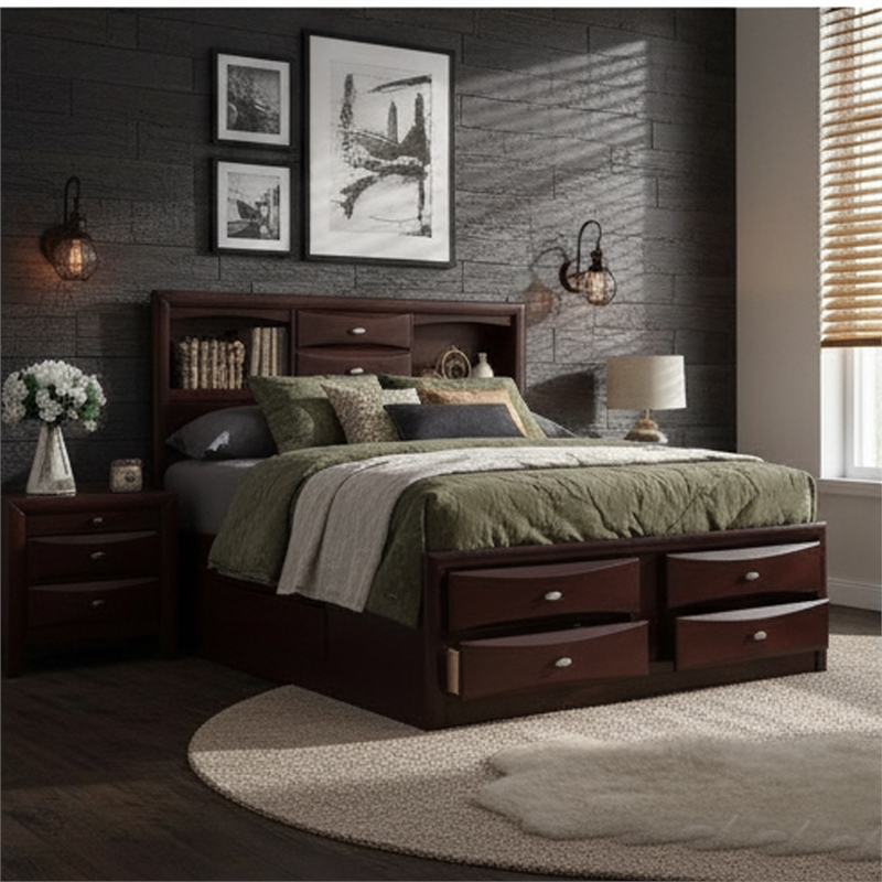 Queen Size Bedroom Set-Brown- Panel Design-3-Piece Set with Bed- Two Nightstands