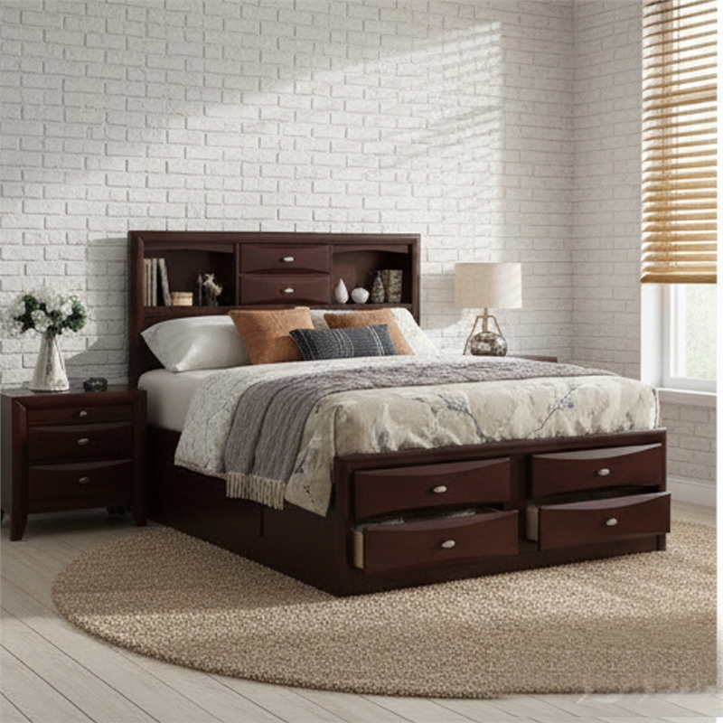 Queen Size Bedroom Set-Brown- Panel Design-3-Piece Set with Bed- Two Nightstands