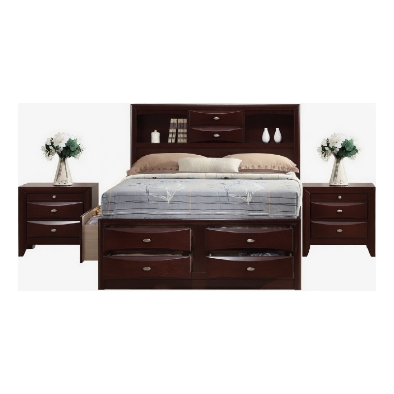 Queen Size Bedroom Set-Brown- Panel Design-3-Piece Set with Bed- Two Nightstands