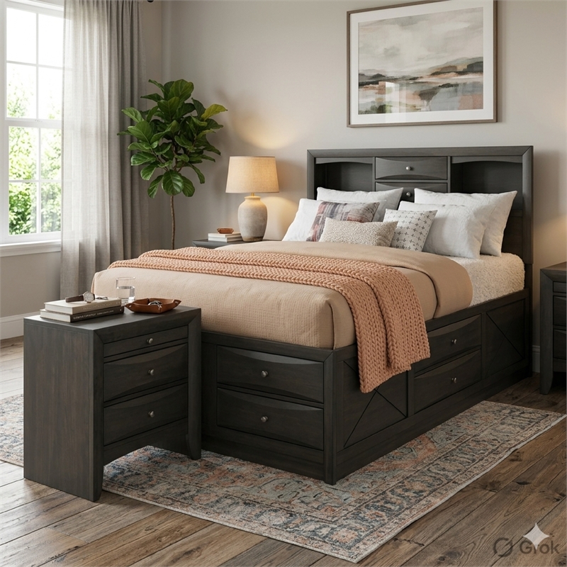Queen Size Bedroom Set-Gray-Storage Bed with Drawers-2-Piece Set-Bed-Nightstand