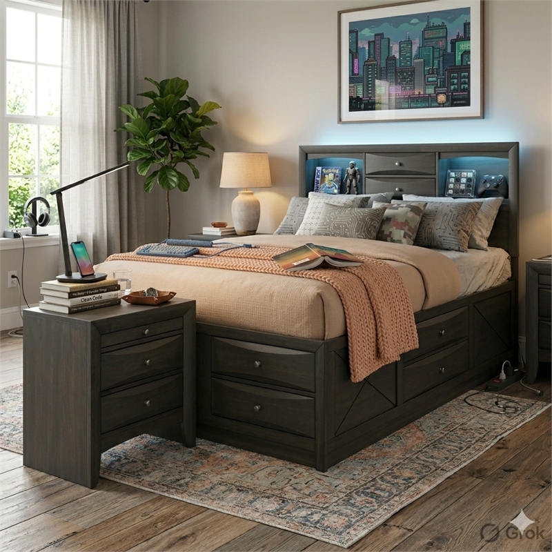 Queen Size Bedroom Set-Gray-Storage Bed with Drawers-2-Piece Set-Bed-Nightstand
