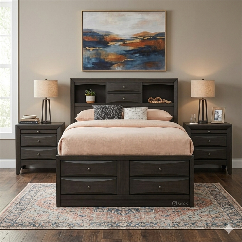 Queen Size Bedroom Set-Storage Bed with Drawers-3-Piece Set-Bed-Two Nightstand