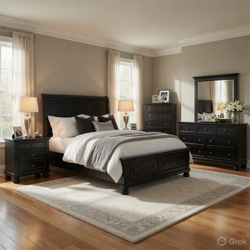 Queen Size Bedroom Set-Panel Headboard-5-Piece Set-Bed-2Nightstand-Dresser-Chest