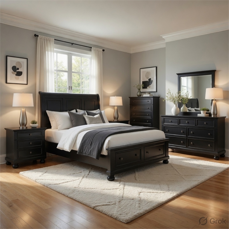 Queen Size Bedroom Set-Panel Headboard-5-Piece Set-Bed-2Nightstand-Dresser-Chest