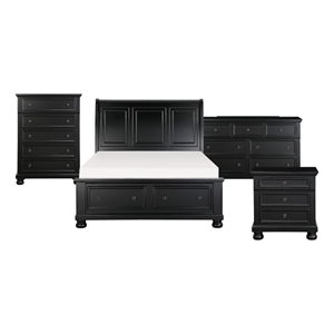 Queen Size Bedroom Set-Wood Design-Black- 4-Piece Set -Bed- Nightstands-Dresser