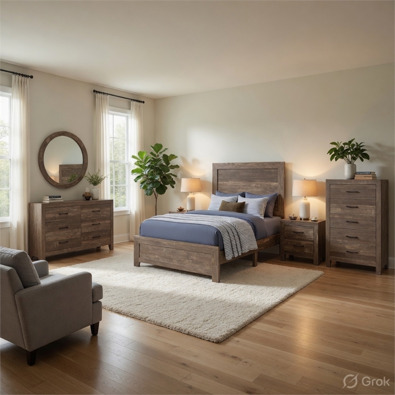 Full Size Bedroom-Panel Design-5-Piece Set- Bed-Nightstand-Dresser-Mirror-Chest