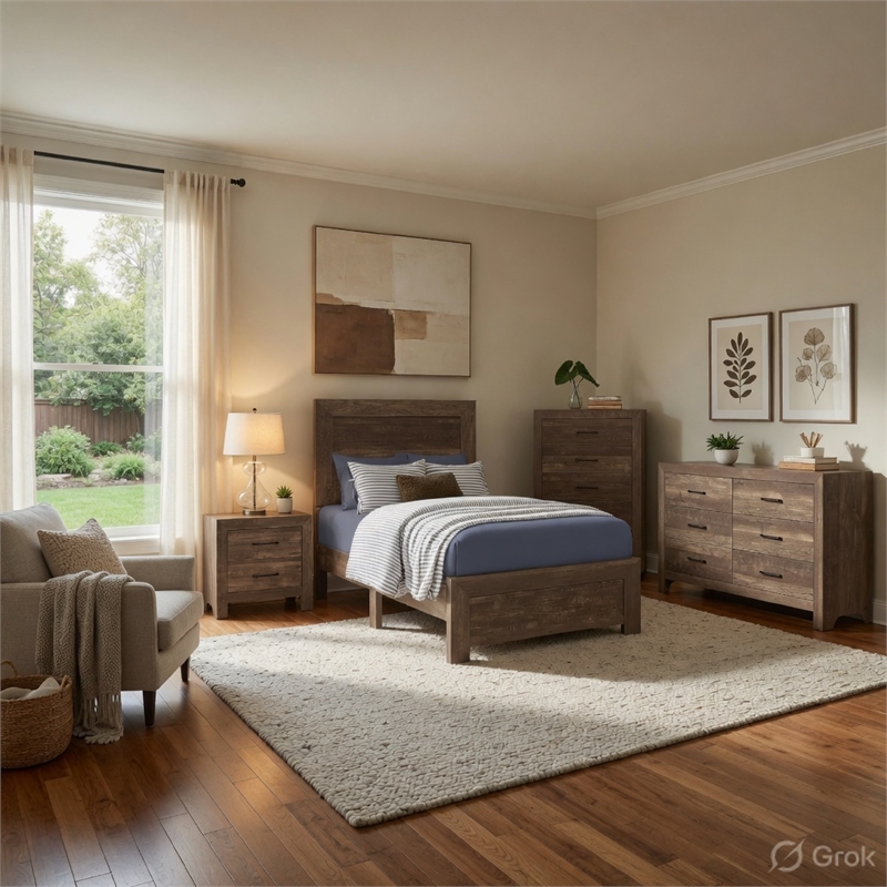 Full Size Bedroom-Brown-Panel Design-4-Piece Set-Bed-Nightstand-Dresser-Chest