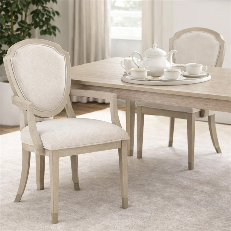 Olto Set of 2 Dining Armchairs- Ivory Chenille-Light Oak Brown Wood- Dipped Legs