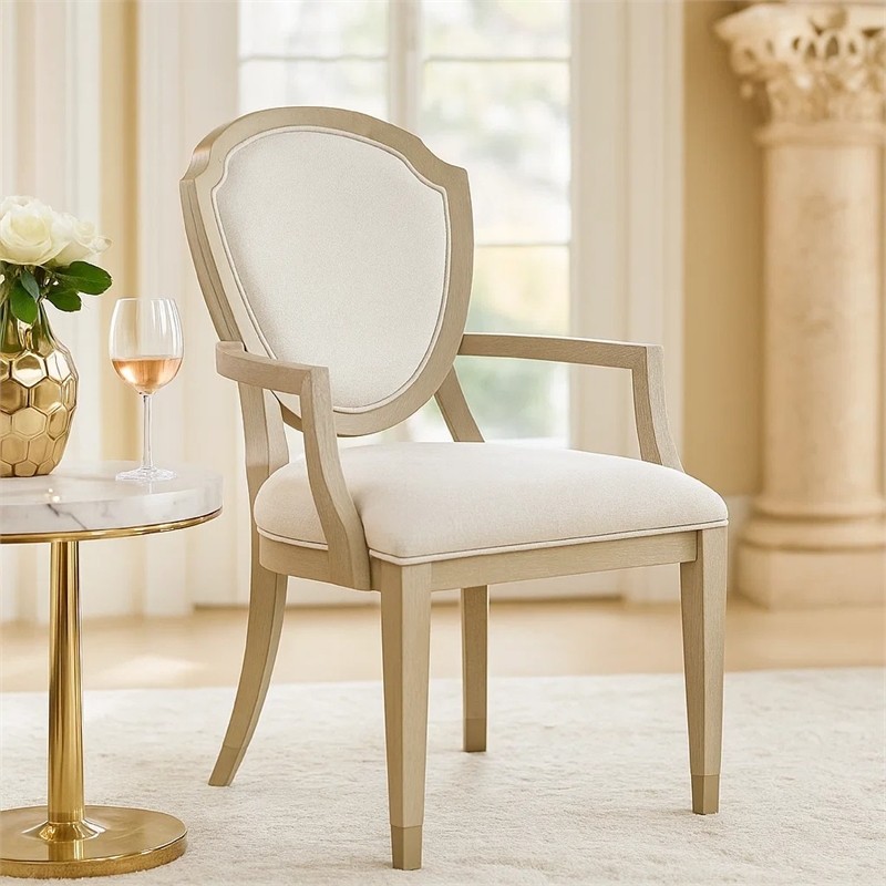 Olto Set of 2 Dining Armchairs- Ivory Chenille-Light Oak Brown Wood- Dipped Legs