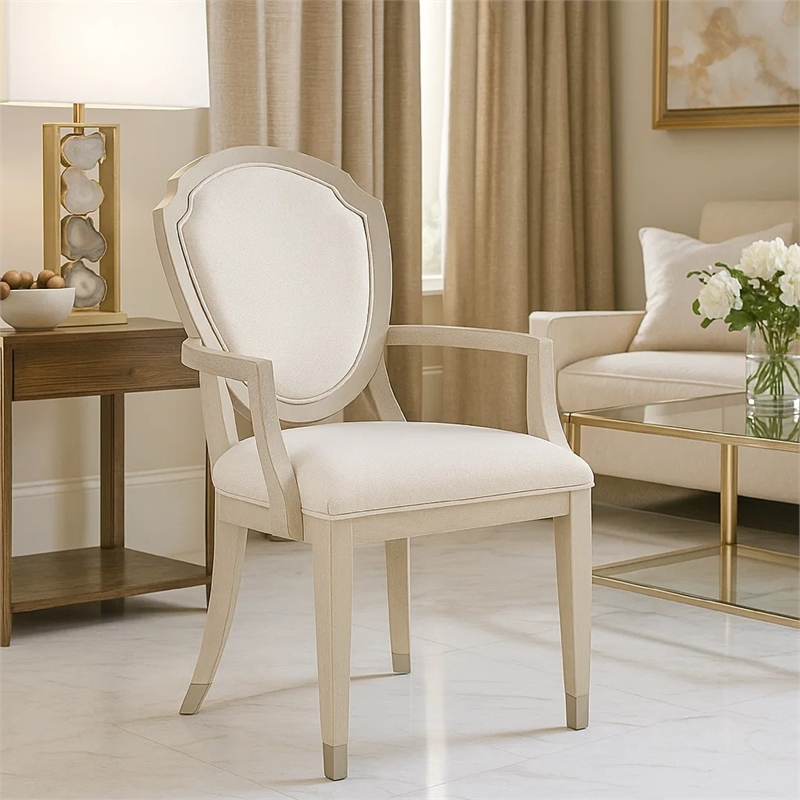 Olto Set of 2 Dining Armchairs- Ivory Chenille-Light Oak Brown Wood- Dipped Legs