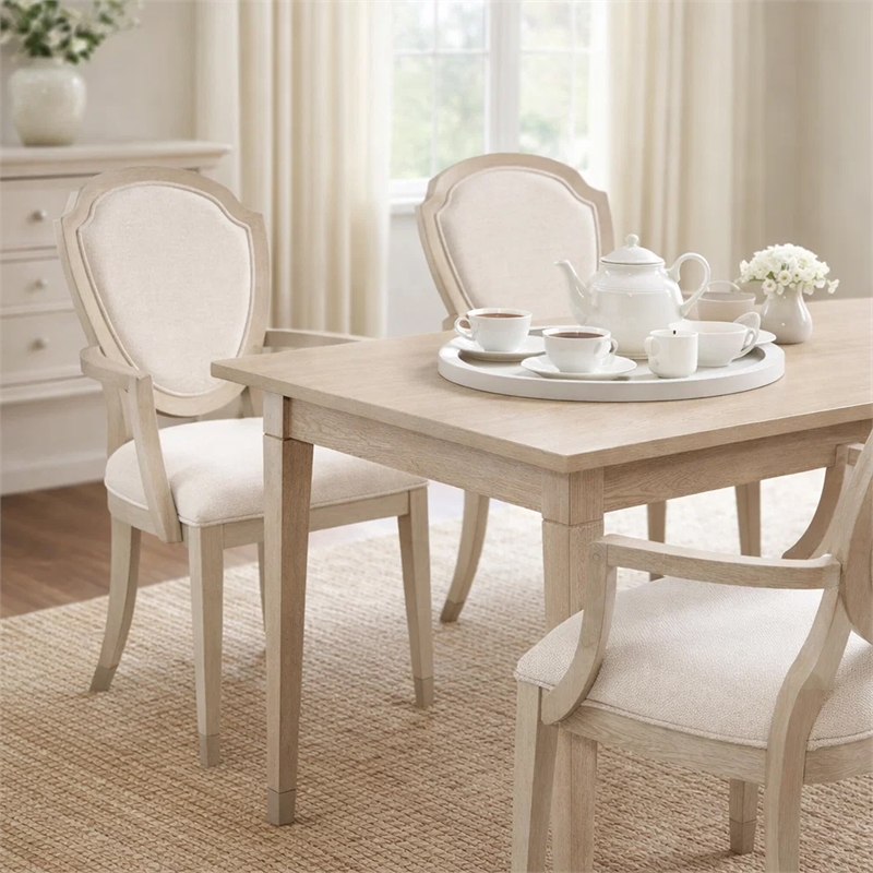 Olto Set of 2 Dining Armchairs- Ivory Chenille-Light Oak Brown Wood- Dipped Legs