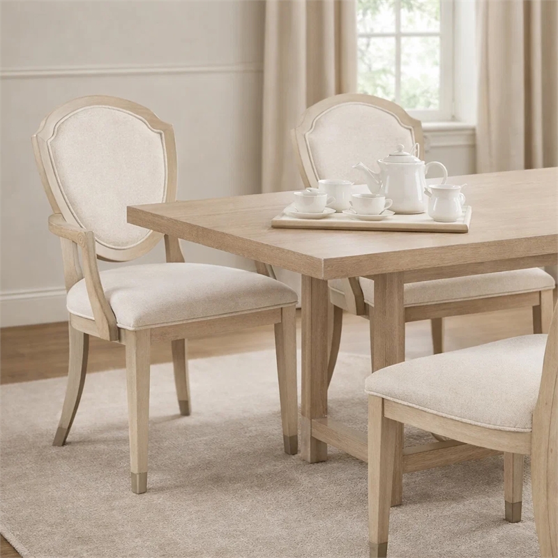 Olto Set of 2 Dining Armchairs- Ivory Chenille-Light Oak Brown Wood- Dipped Legs