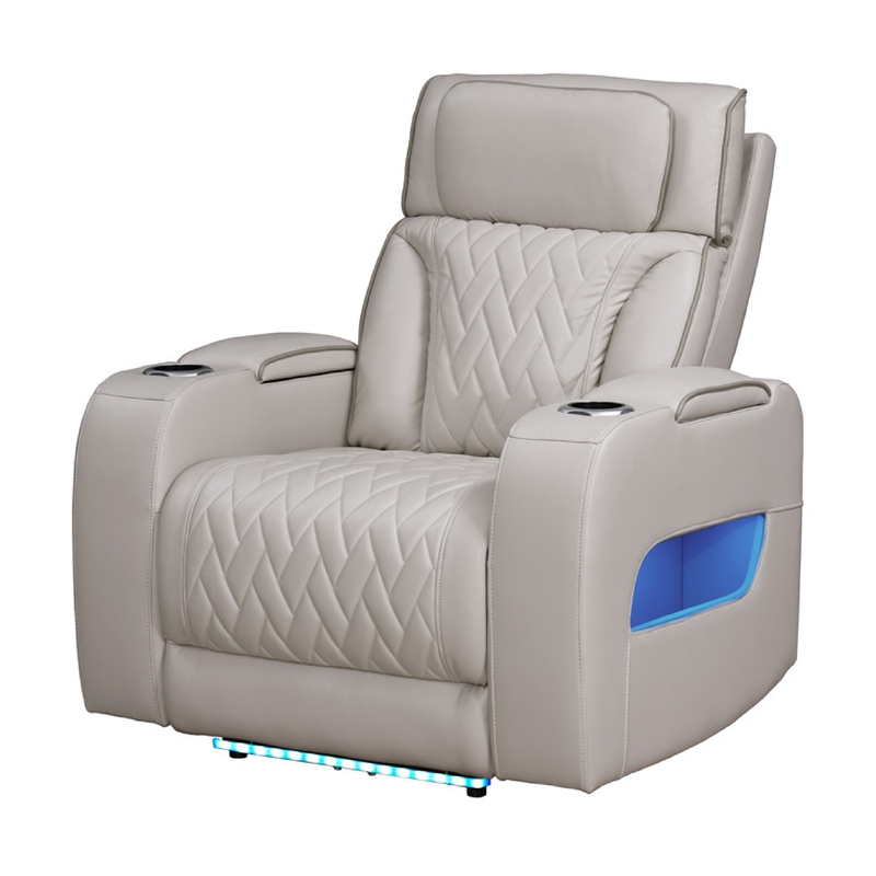 Jasi Power Reclining Chair with LED- Storage- USB Ports- Gray Leather Aire