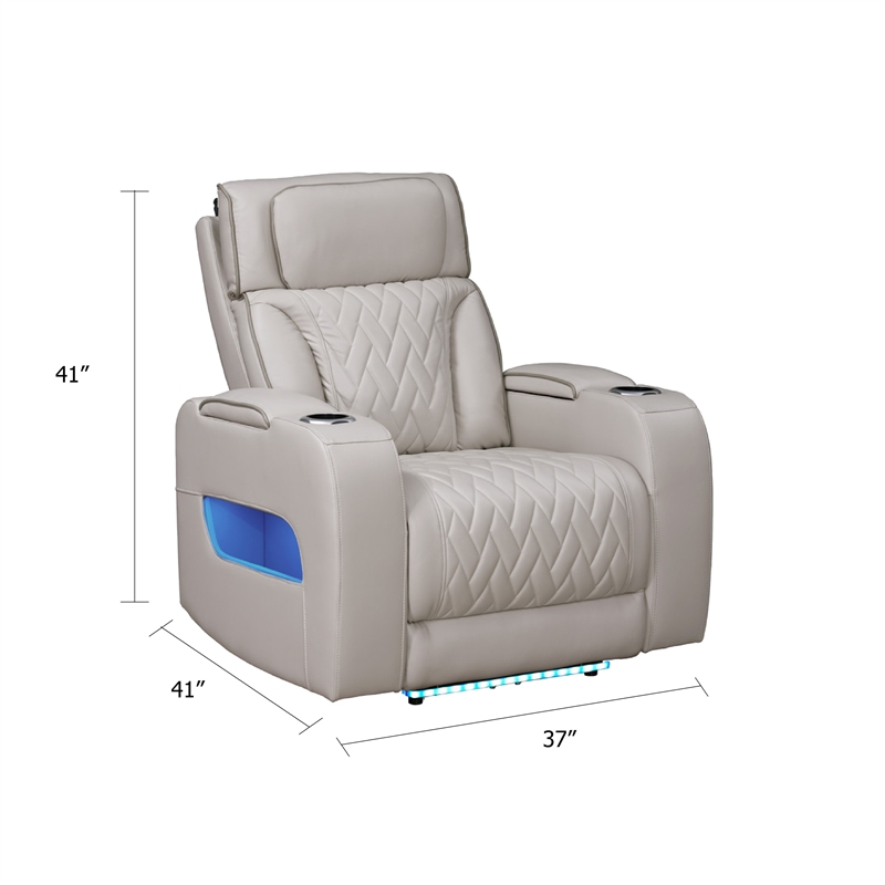 Jasi Power Reclining Chair with LED- Storage- USB Ports- Gray Leather Aire