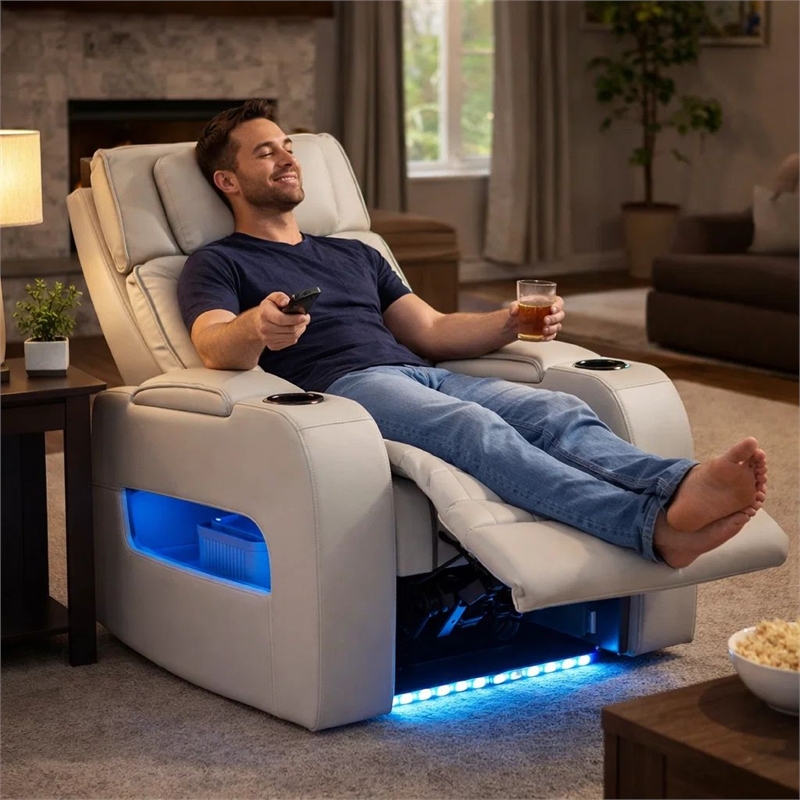 Jasi Power Reclining Chair with LED- Storage- USB Ports- Gray Leather Aire