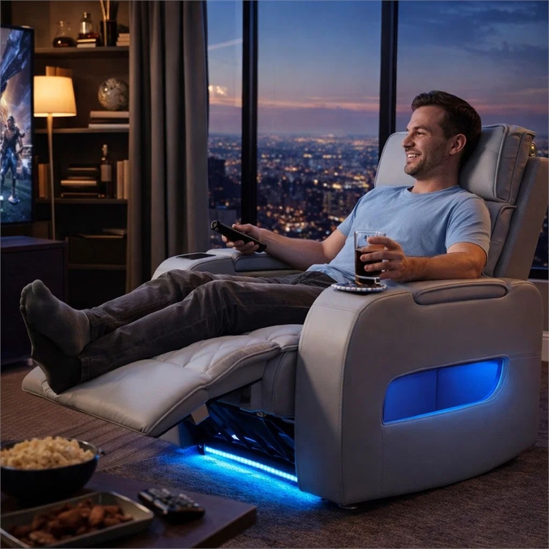 Jasi Power Reclining Chair with LED- Storage- USB Ports- Gray Leather Aire
