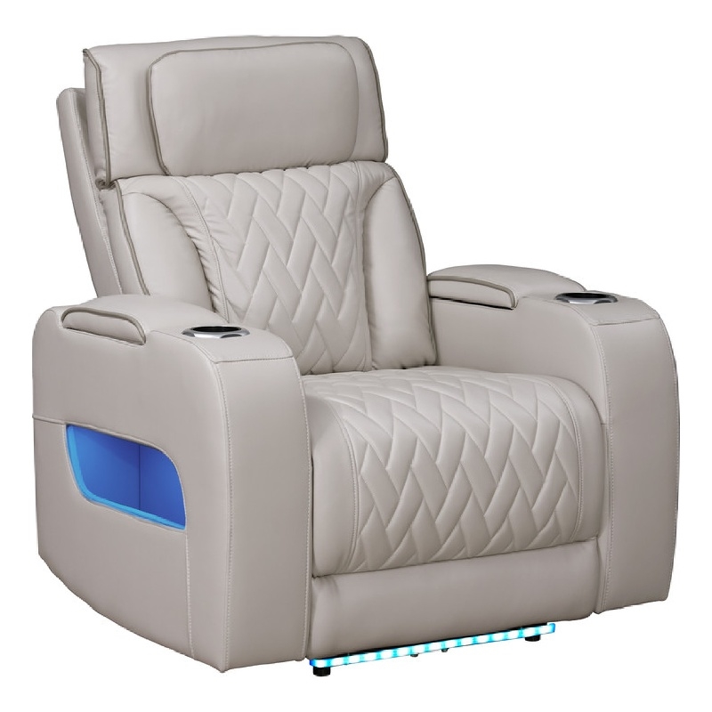 Jasi Power Reclining Chair with LED- Storage- USB Ports- Gray Leather Aire