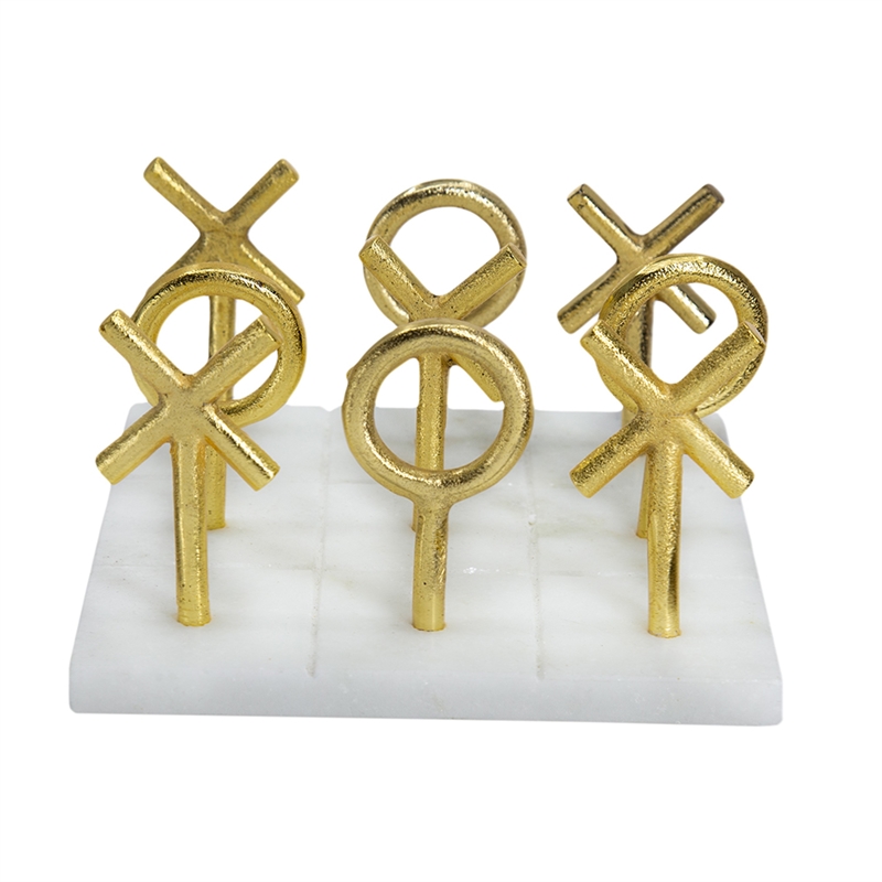 Tic Tac Toe Game Set- 7 Inch Gold Iron Decor- White Banswara Marble