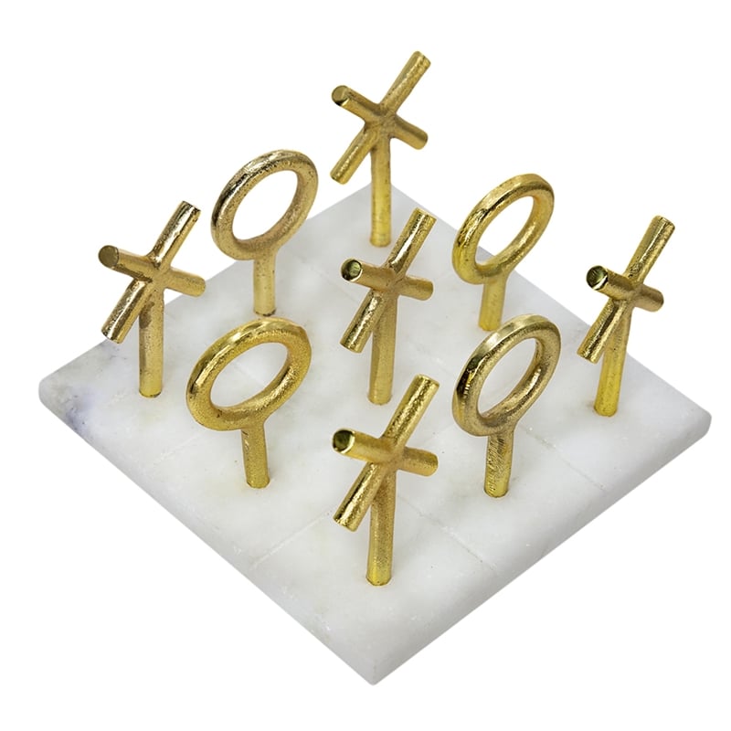 Tic Tac Toe Game Set- 7 Inch Gold Iron Decor- White Banswara Marble