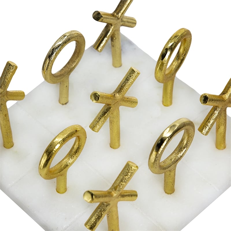 Tic Tac Toe Game Set- 7 Inch Gold Iron Decor- White Banswara Marble