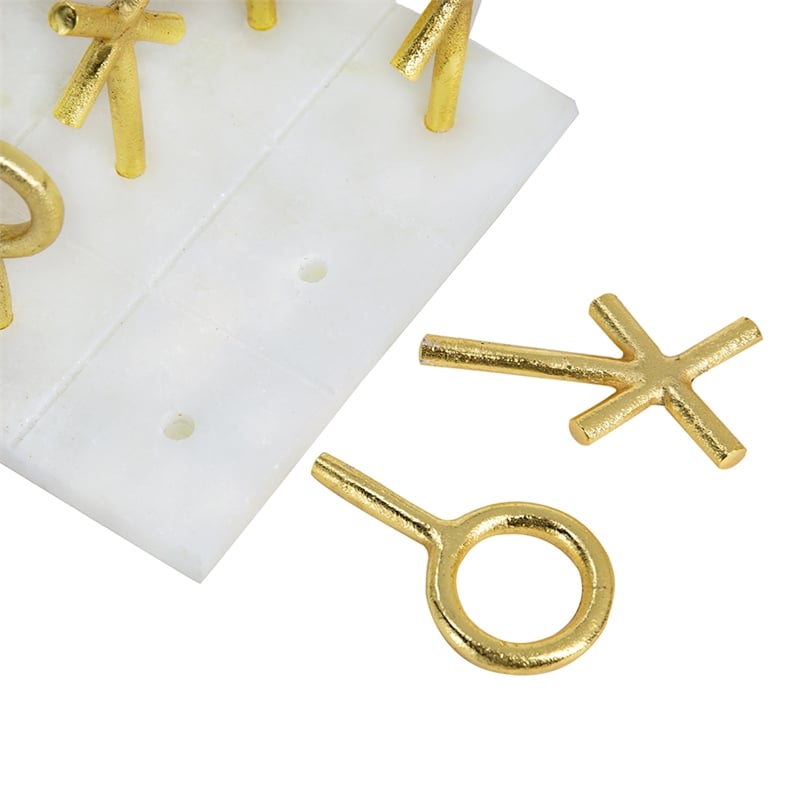 Tic Tac Toe Game Set- 7 Inch Gold Iron Decor- White Banswara Marble
