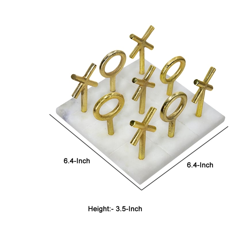 Tic Tac Toe Game Set- 7 Inch Gold Iron Decor- White Banswara Marble