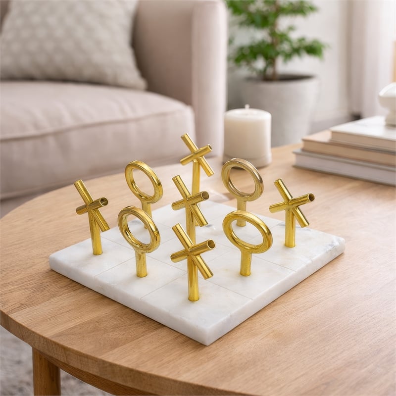 Tic Tac Toe Game Set- 7 Inch Gold Iron Decor- White Banswara Marble