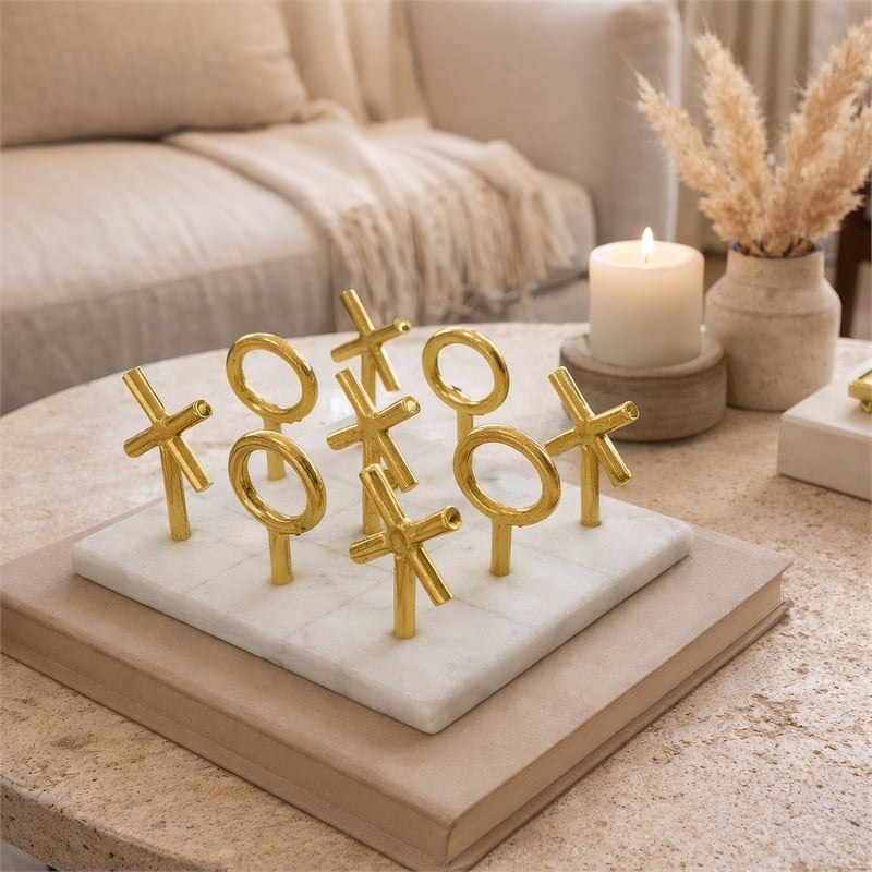 Tic Tac Toe Game Set- 7 Inch Gold Iron Decor- White Banswara Marble
