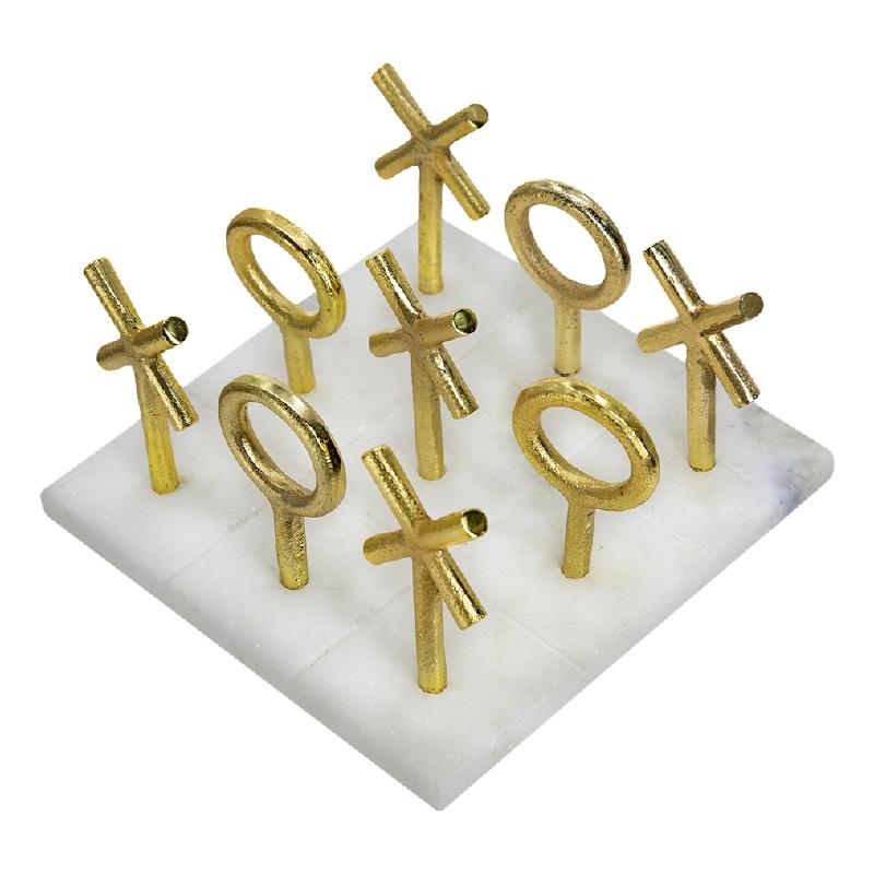 Tic Tac Toe Game Set- 7 Inch Gold Iron Decor- White Banswara Marble