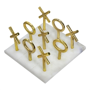 Tic Tac Toe Game Set- 7 Inch Gold Iron Decor- White Banswara Marble