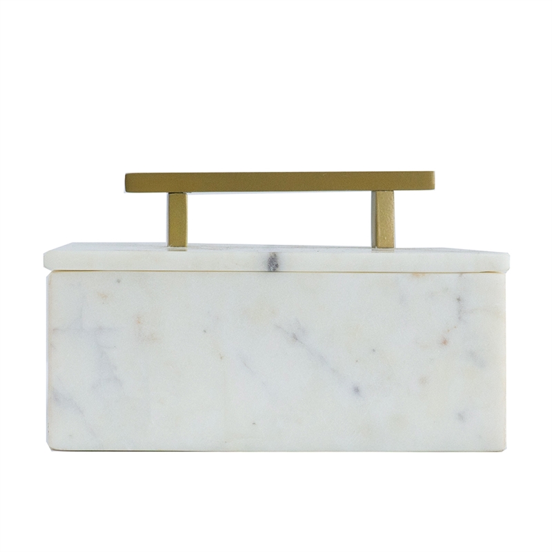 Decorative Storage Box- Gold Brass Handle- 7 Inch Luxe White Marble
