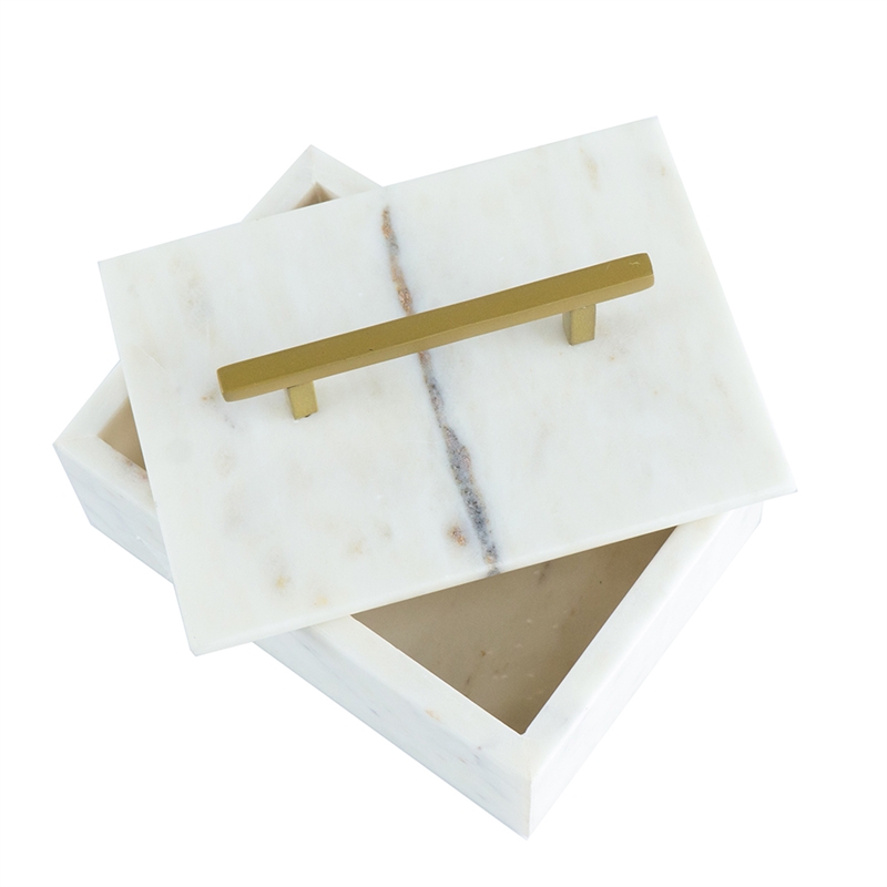 Decorative Storage Box- Gold Brass Handle- 7 Inch Luxe White Marble