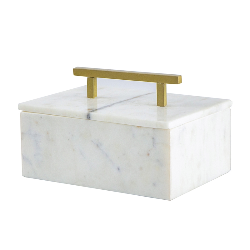 Decorative Storage Box- Gold Brass Handle- 7 Inch Luxe White Marble