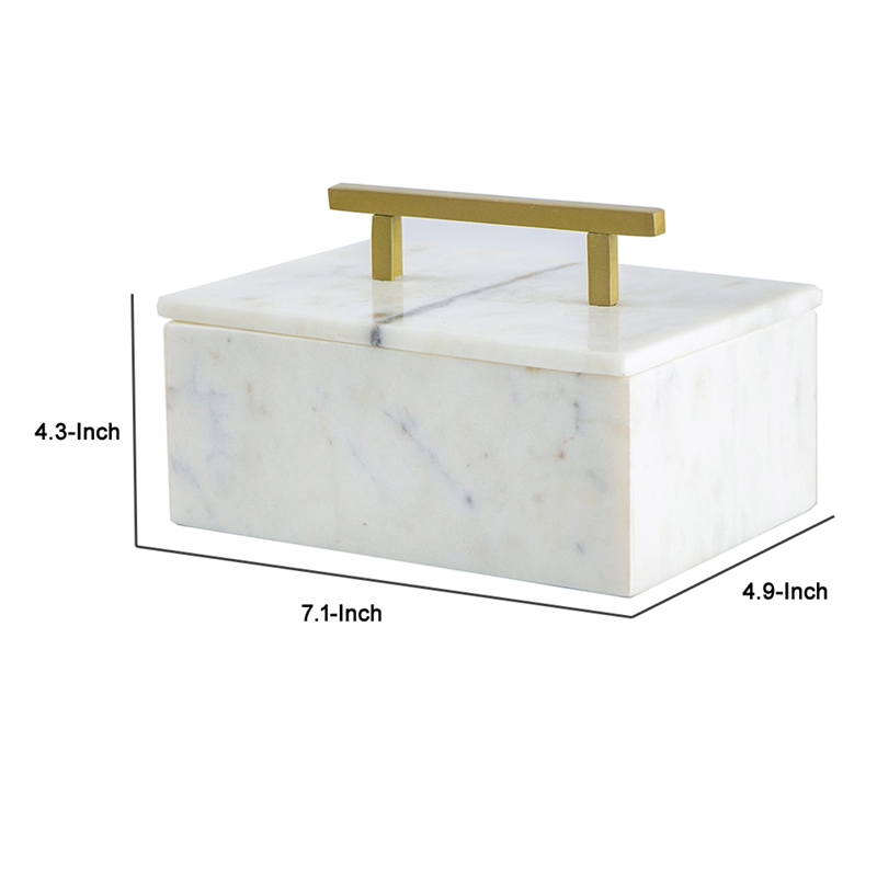 Decorative Storage Box- Gold Brass Handle- 7 Inch Luxe White Marble