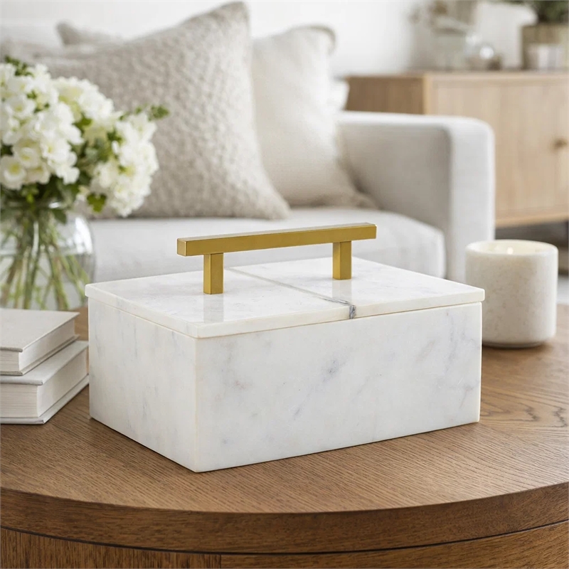 Decorative Storage Box- Gold Brass Handle- 7 Inch Luxe White Marble