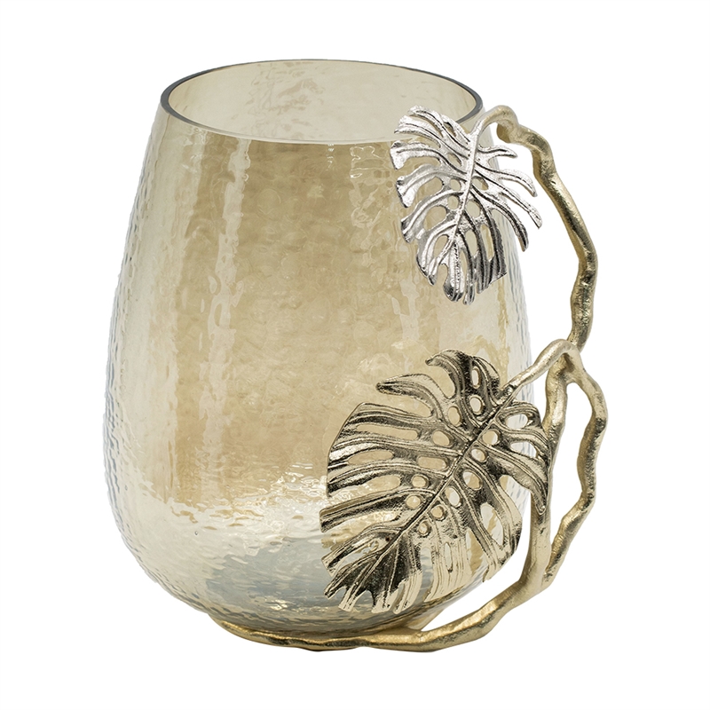 Azra Decorative Vase with Aluminum Leaf Handle- Gold-Silver Glass 11 Inch