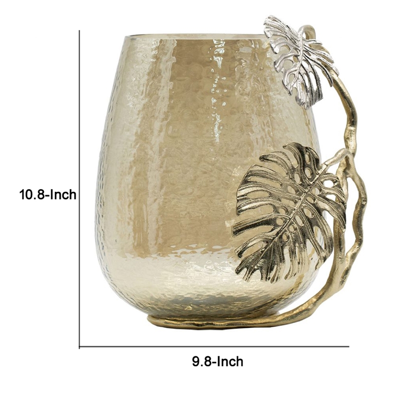 Azra Decorative Vase with Aluminum Leaf Handle- Gold-Silver Glass 11 Inch