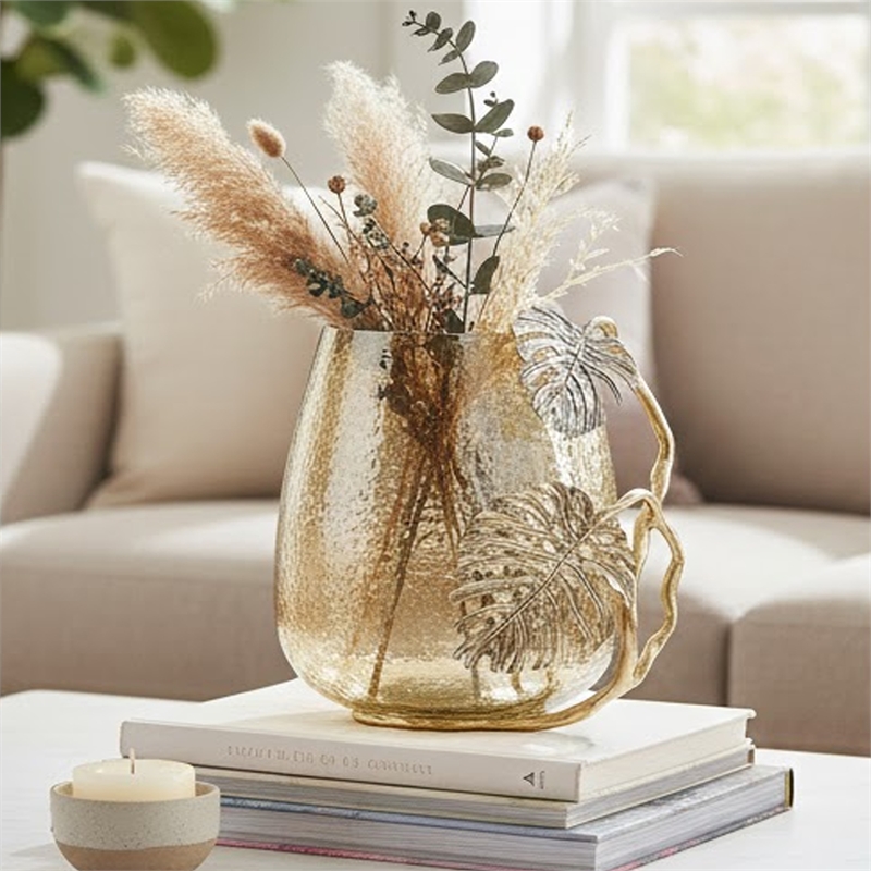 Azra Decorative Vase with Aluminum Leaf Handle- Gold-Silver Glass 11 Inch