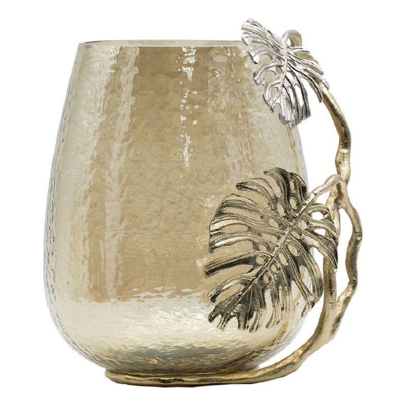 Azra Decorative Vase with Aluminum Leaf Handle- Gold-Silver Glass 11 Inch