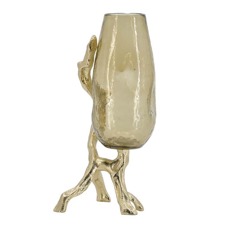 Dyna Decorative Vase with Branch Style Base- Aluminum- Gold Glass 18 Inch
