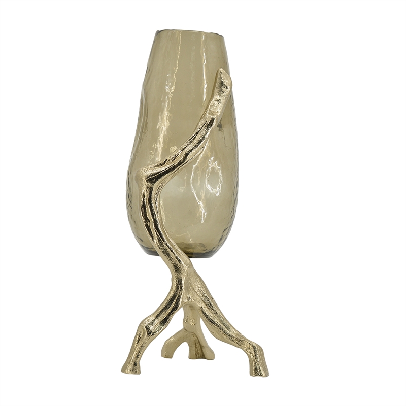 Dyna Decorative Vase with Branch Style Base- Aluminum- Gold Glass 18 Inch