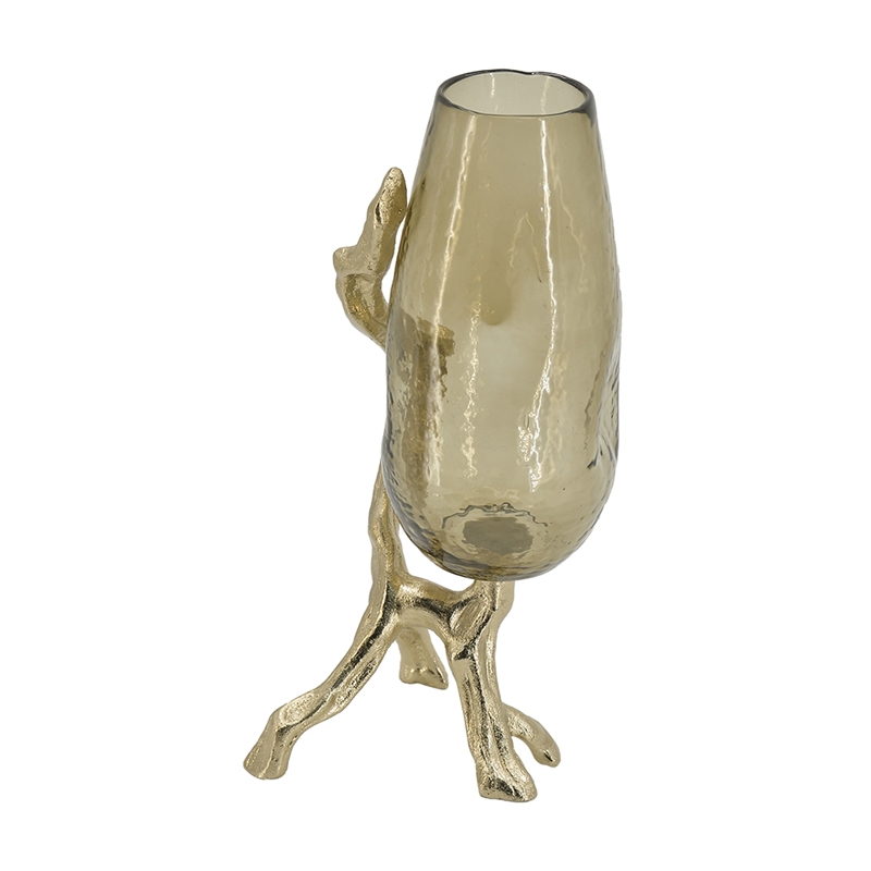 Dyna Decorative Vase with Branch Style Base- Aluminum- Gold Glass 18 Inch