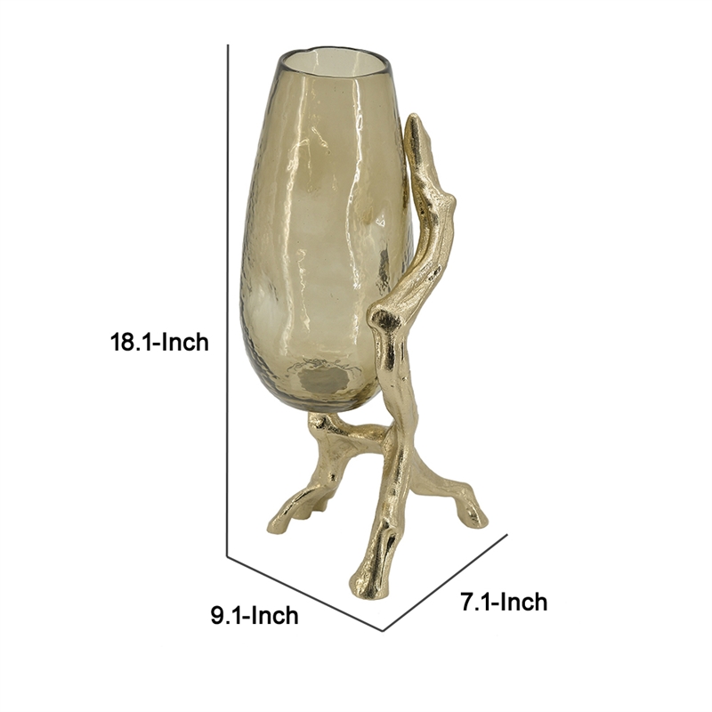 Dyna Decorative Vase with Branch Style Base- Aluminum- Gold Glass 18 Inch