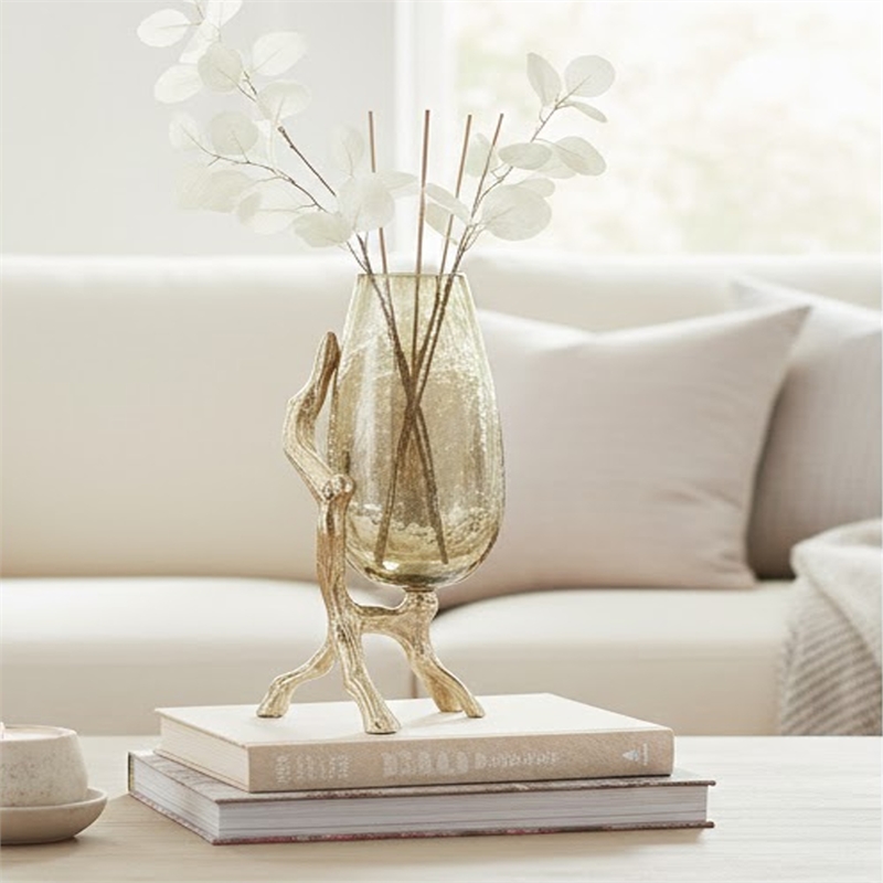 Dyna Decorative Vase with Branch Style Base- Aluminum- Gold Glass 18 Inch